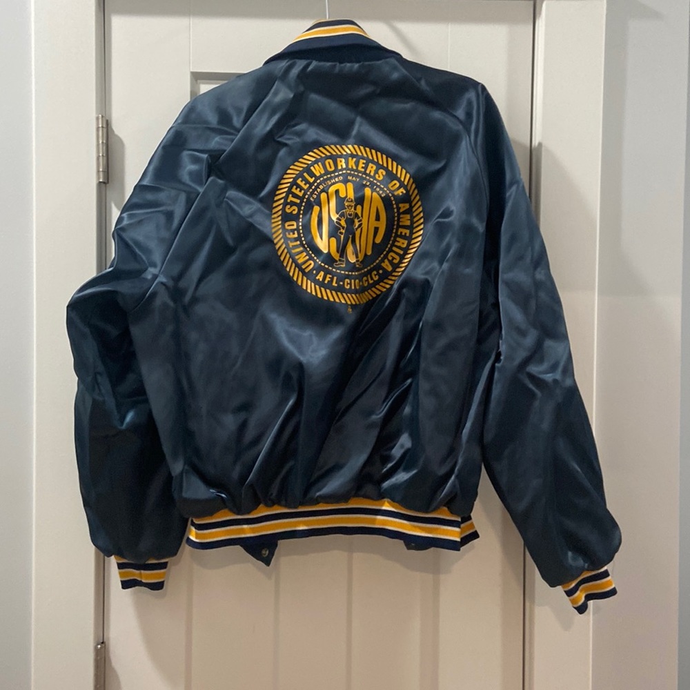 Vintage bomber jacket United Steel Workers of America blue and gold men's large